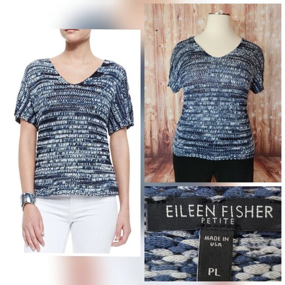 Eileen Fisher Women's Blue Demin Brushstrokes Short Sleeve Shaped Top Size PL - Picture 1 of 13